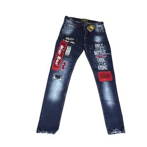 X WAY DENIM Jeans Mens Size 33 Blue Distressed Patched Graphic‎ Slim Fit